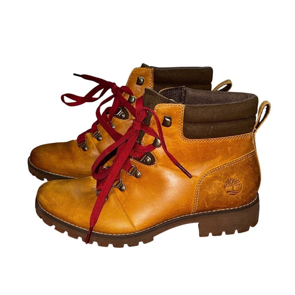 Timberland Courmayeur Valley Boots Tan Leather Red Laces Womens 8.5 A1R3G Hiking